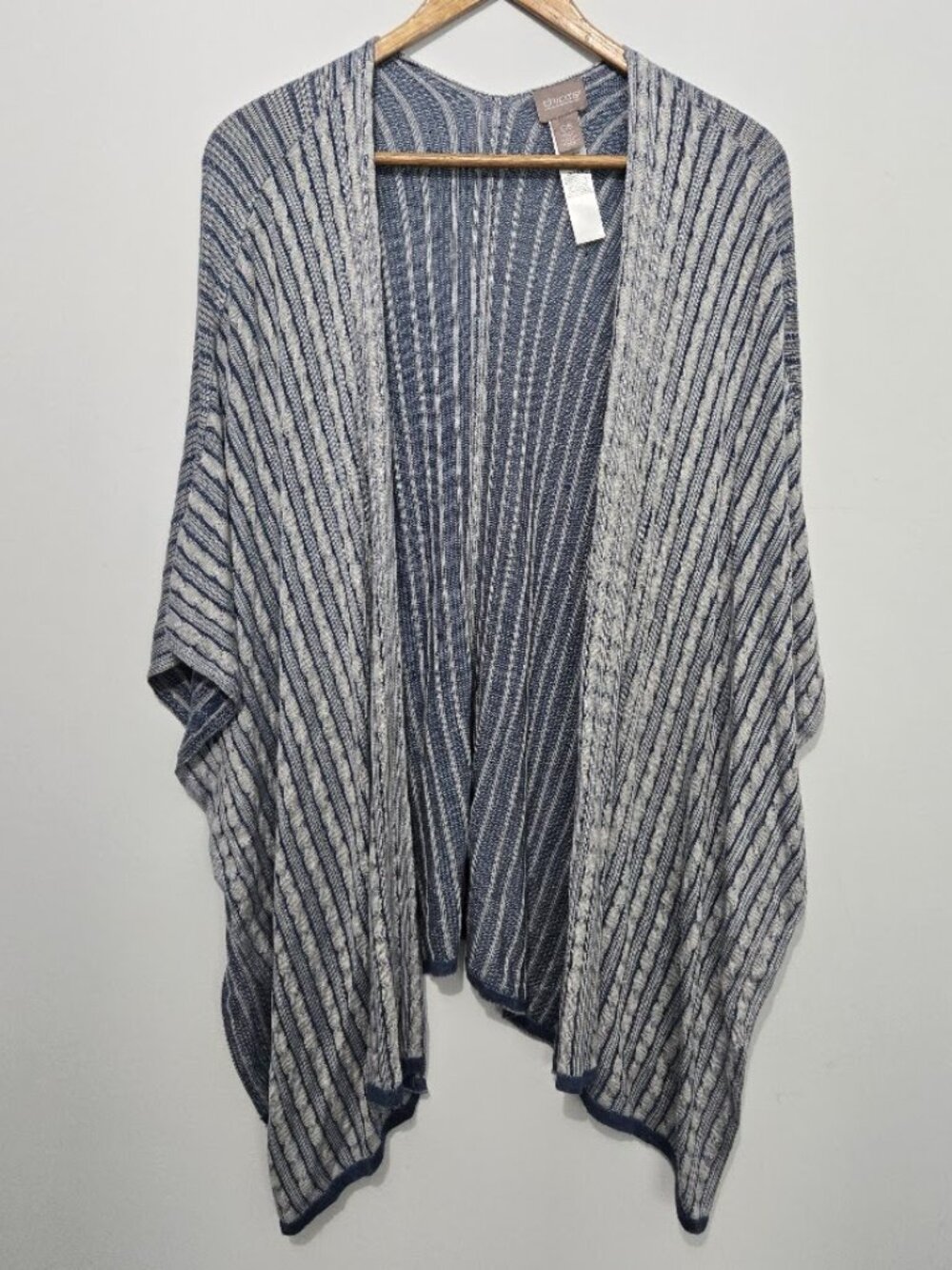 Chicos Knit Open Front Poncho Blue Stripe Shawl Wrap One Size Lightweight Layer